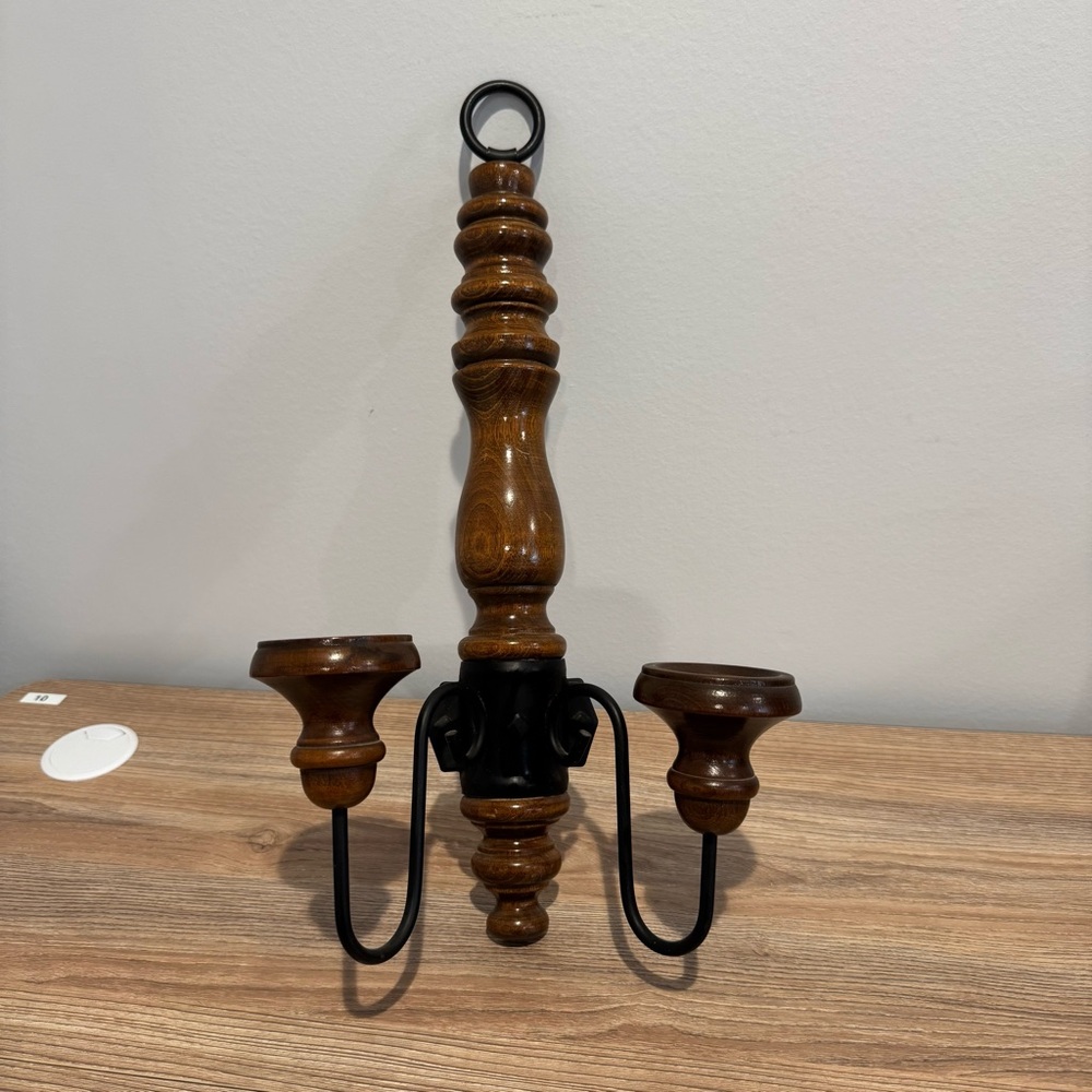 VINTAGE wood & metal double dual candle holder wall sconce homco farmhouse